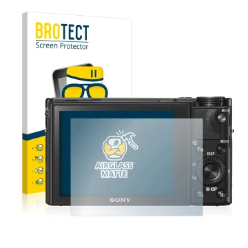 Front side of a product packaging with the brand logo BROTECT. Next to it is the device Sony Cyber-Shot DSC-RX100 V shown with