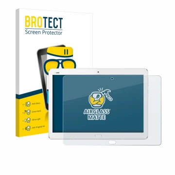 Front side of a product packaging with the brand logo BROTECT. Next to it is the device Huawei MediaPad M3 Lite 10.1 shown wit