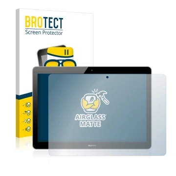 Front side of a product packaging with the brand logo BROTECT. Next to it is the device Huawei MediaPad T3 10 shown with the c