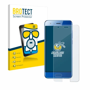 Front side of a product packaging with the brand logo BROTECT. Next to it is the device Honor 9 shown with the corresponding s
