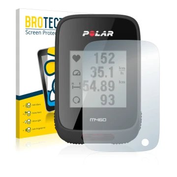 Front side of a product packaging with the brand logo BROTECT. Next to it is the device Polar M460 shown with the correspondin