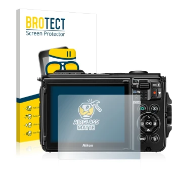 Front side of a product packaging with the brand logo BROTECT. Next to it is the device Nikon Coolpix W300 shown with the corr