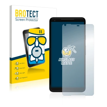 Front side of a product packaging with the brand logo BROTECT. Next to it is the device Google Pixel 2 XL shown with the corre