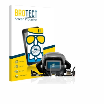 Front side of a product packaging with the brand logo BROTECT. Next to it is the device KTM 1290 Super Adventure S 2017 Speedo