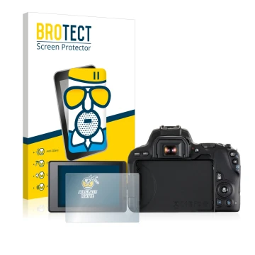 Front side of a product packaging with the brand logo BROTECT. Next to it is the device Canon EOS 200D shown with the correspo