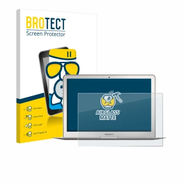 Front side of a product packaging with the brand logo BROTECT. Next to it is the device Apple MacBook Air 13