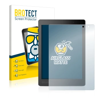 Front side of a product packaging with the brand logo BROTECT. Next to it is the device Kobo Aura One shown with the correspon