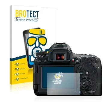 Front side of a product packaging with the brand logo BROTECT. Next to it is the device Canon EOS 6D Mark II shown with the co
