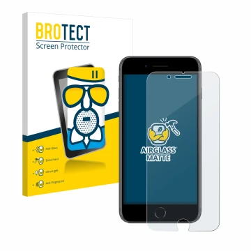 Front side of a product packaging with the brand logo BROTECT. Next to it is the device Apple iPhone 8 Plus shown with the cor