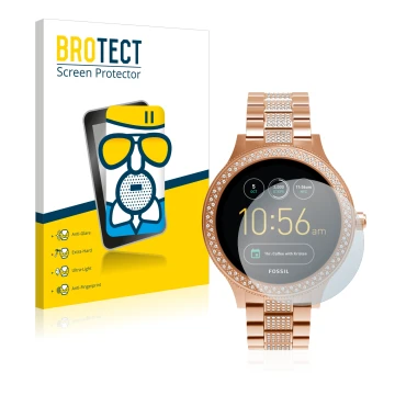 Front side of a product packaging with the brand logo BROTECT. Next to it is the device Fossil Q Venture shown with the corres