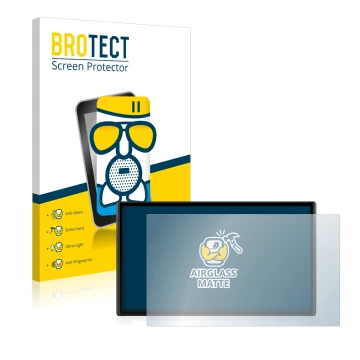 Front side of a product packaging with the brand logo BROTECT. Next to it is the device Garmin DriveSmart 61 LMT-S shown with 