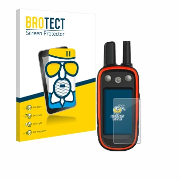 Front side of a product packaging with the brand logo BROTECT. Next to it is the device Garmin Atemos 100 shown with the corre