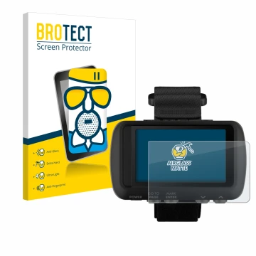 Front side of a product packaging with the brand logo BROTECT. Next to it is the device Garmin Foretrex 601 shown with the cor