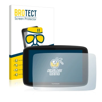 Front side of a product packaging with the brand logo BROTECT. Next to it is the device TomTom GO 6250 shown with the correspo