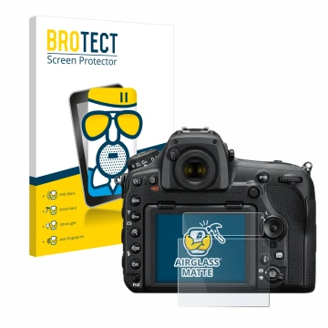 Front side of a product packaging with the brand logo BROTECT. Next to it is the device Nikon D850 shown with the correspondin