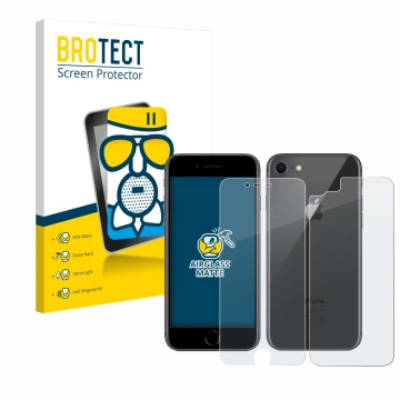 Front side of a product packaging with the brand logo BROTECT. Next to it is the device Apple iPhone 8 (Front+Back) shown with