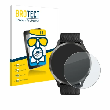 Front side of a product packaging with the brand logo BROTECT. Next to it is the device Garmin vivomove HR shown with the corr