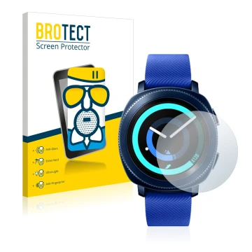 Front side of a product packaging with the brand logo BROTECT. Next to it is the device Samsung Gear Sport shown with the corr