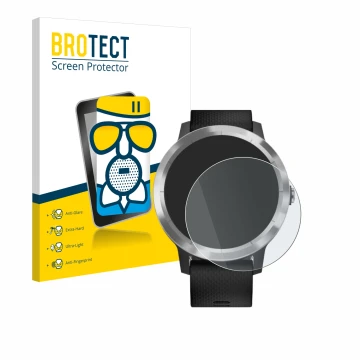 Front side of a product packaging with the brand logo BROTECT. Next to it is the device Garmin vivoactive 3 shown with the cor