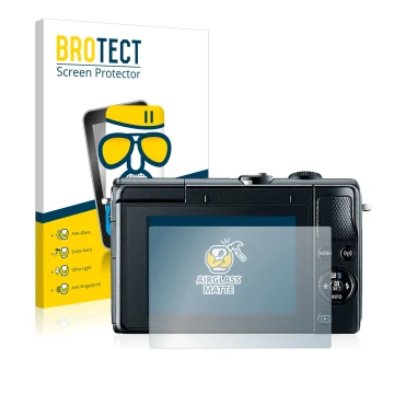 Front side of a product packaging with the brand logo BROTECT. Next to it is the device Canon EOS M100 shown with the correspo