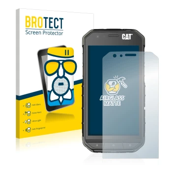 Front side of a product packaging with the brand logo BROTECT. Next to it is the device Caterpillar Cat S31 shown with the cor