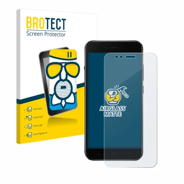 Front side of a product packaging with the brand logo BROTECT. Next to it is the device Xiaomi Mi A1 shown with the correspond