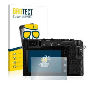 Front side of a product packaging with the brand logo BROTECT. Next to it is the device Fujifilm X-E3 shown with the correspon