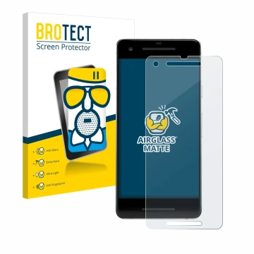 Front side of a product packaging with the brand logo BROTECT. Next to it is the device Google Pixel 2 shown with the correspo