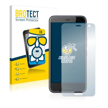Front side of a product packaging with the brand logo BROTECT. Next to it is the device HTC U11 Life shown with the correspond
