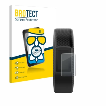 Front side of a product packaging with the brand logo BROTECT. Next to it is the device Garmin Vivosport shown with the corres
