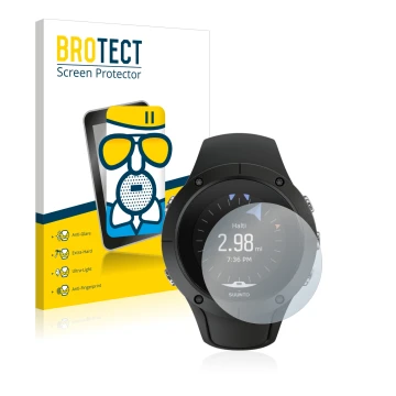 Front side of a product packaging with the brand logo BROTECT. Next to it is the device Suunto Spartan Trainer Wrist HR shown 