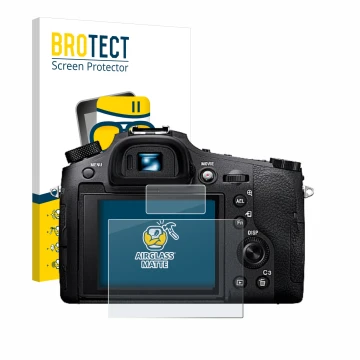 Front side of a product packaging with the brand logo BROTECT. Next to it is the device Sony Cyber-Shot DSC-RX10 IV shown with