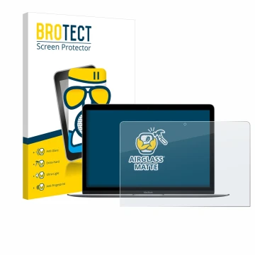 Front side of a product packaging with the brand logo BROTECT. Next to it is the device Apple MacBook Retina 12