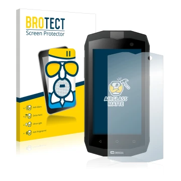 Front side of a product packaging with the brand logo BROTECT. Next to it is the device Crosscall Trekker M1 shown with the co