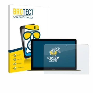 Front side of a product packaging with the brand logo BROTECT. Next to it is the device Apple MacBook Retina 12