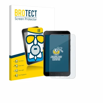 Front side of a product packaging with the brand logo BROTECT. Next to it is the device Samsung Galaxy Tab Active 2 shown with
