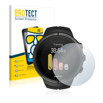 Front side of a product packaging with the brand logo BROTECT. Next to it is the device Suunto Spartan Ultra shown with the co