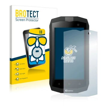 Front side of a product packaging with the brand logo BROTECT. Next to it is the device Crosscall Trekker M1 Core shown with t