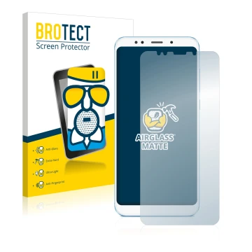 Front side of a product packaging with the brand logo BROTECT. Next to it is the device Xiaomi Redmi 5 Plus shown with the cor