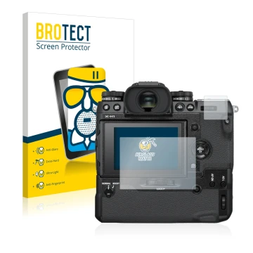 Front side of a product packaging with the brand logo BROTECT. Next to it is the device Fujifilm X-H1 shown with the correspon