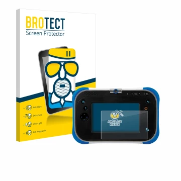 Front side of a product packaging with the brand logo BROTECT. Next to it is the device Vtech Storio Max 2.0 shown with the co