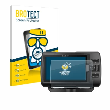 Front side of a product packaging with the brand logo BROTECT. Next to it is the device Garmin Striker Plus 5cv shown with the