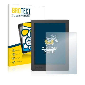 Front side of a product packaging with the brand logo BROTECT. Next to it is the device Kobo Aura H2O Edition 2 shown with the