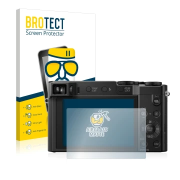 Front side of a product packaging with the brand logo BROTECT. Next to it is the device Panasonic Lumix DMC-TZ100 shown with t