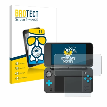 Front side of a product packaging with the brand logo BROTECT. Next to it is the device New Nintendo 2DS XL shown with the cor