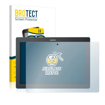 Front side of a product packaging with the brand logo BROTECT. Next to it is the device Lenovo Tab 10 TB-X103F shown with the 
