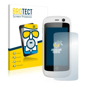 Front side of a product packaging with the brand logo BROTECT. Next to it is the device Unihertz Jelly Pro shown with the corr