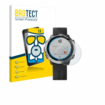 Front side of a product packaging with the brand logo BROTECT. Next to it is the device Garmin Forerunner 645 shown with the c