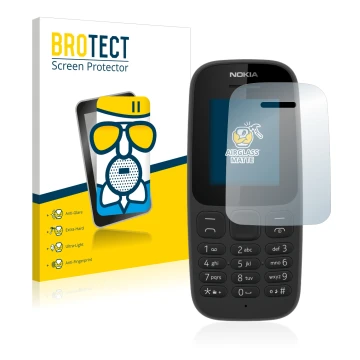 Front side of a product packaging with the brand logo BROTECT. Next to it is the device Nokia 105 2017 shown with the correspo