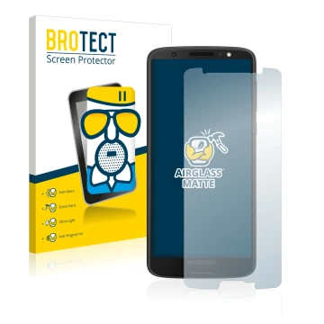 Front side of a product packaging with the brand logo BROTECT. Next to it is the device Motorola Moto G6 shown with the corres